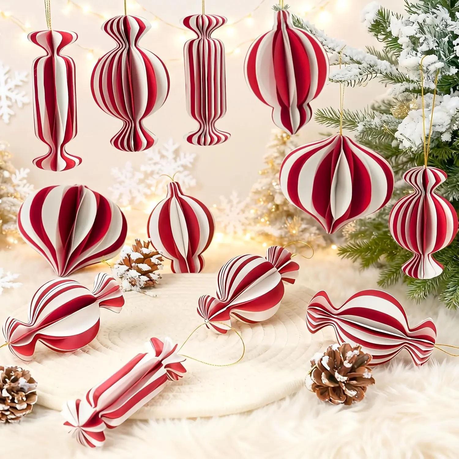 12pcs Foldable Honeycomb Paper Christmas Decorations, Handmade Retro 3D Candy Ornaments, Xmas Tree Decor, Holiday Party Home Decor