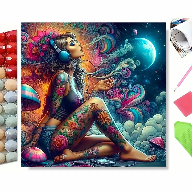 DIY Diamond Painting Kit, Trippy Bohemian Art of Tattooed Hippie Lady Listening to Music with Headphones, Vibrant Swirl Patterns, Fantasy Mushrooms and Cosmic Planet Galaxy Background, Boho Style Wall Hanging, Ideal for Holiday Gift, Bedroom Wall Decor