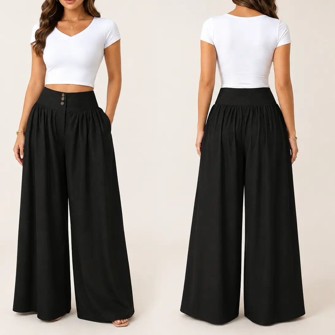 Women’s High Waisted Wide Leg Palazzo Pants with Pockets, Three Button Front Flowy Floor Length Trousers, Elegant Loose Fit Solid Color Pants for Office, Work, Casual Daily Wear, Vacation, Dinner and Weekend Outfits