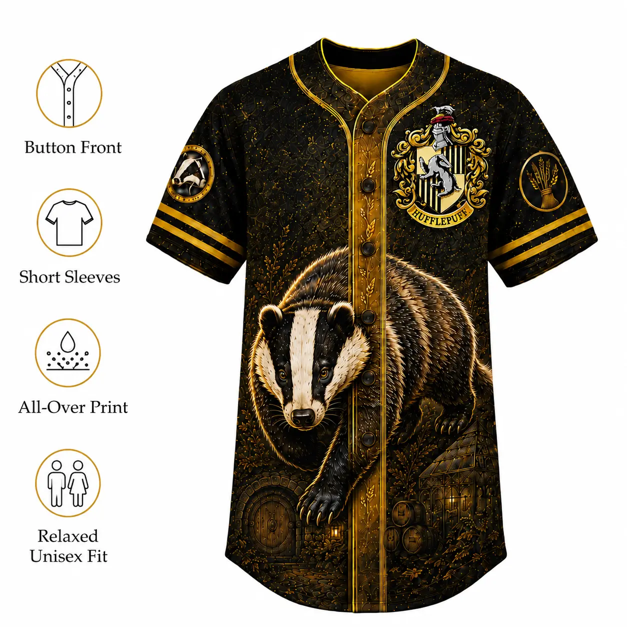 Harry Potter Hufflepuff Badger Baseball Jersey, Black Gold All-Over Print Button Down Short Sleeve V-Neck Unisex Graphic Shirt for Men Women, Hogwarts House Game Day Streetwear