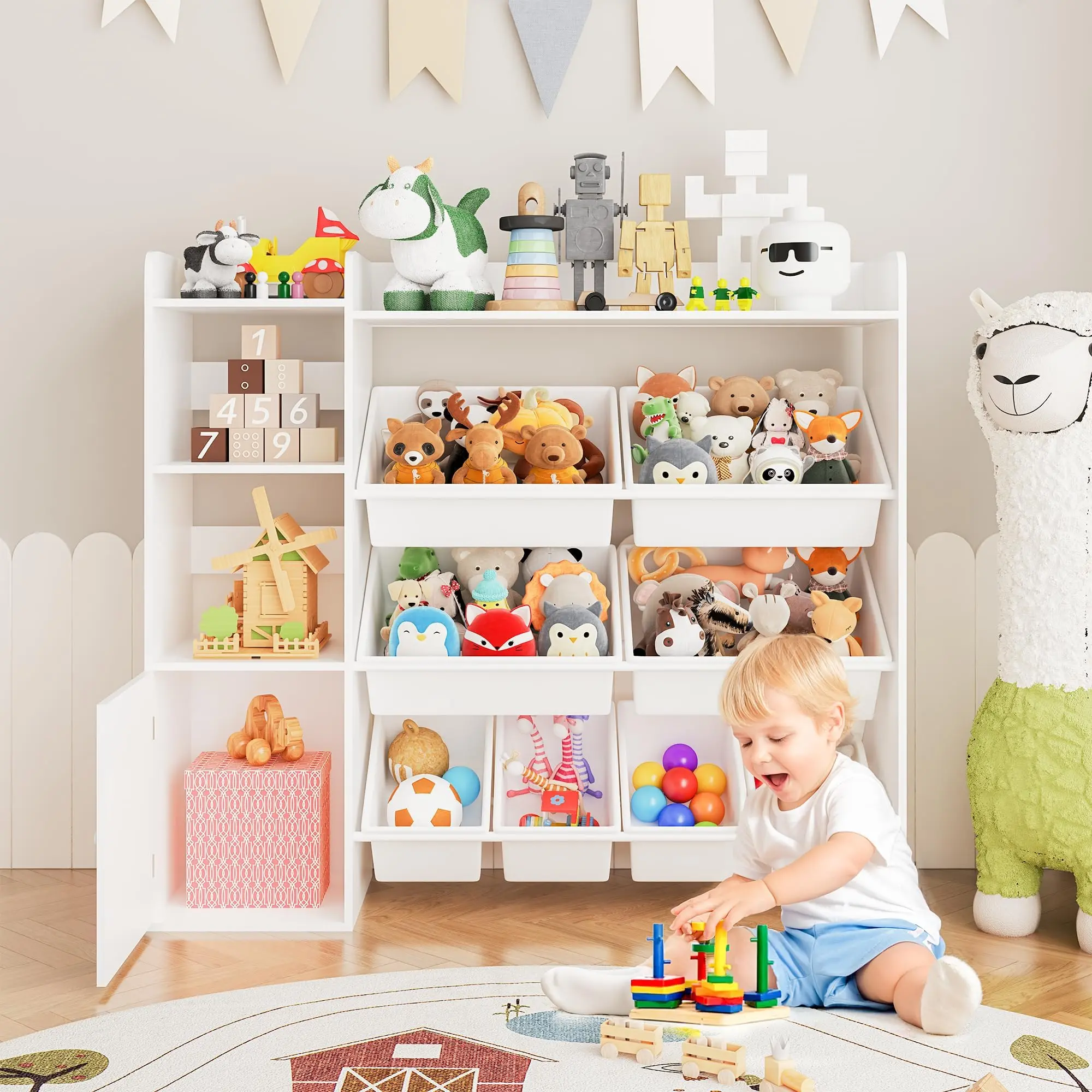 4-Tier Wooden Kids Toy Storage Bookshelf with 8 Detachable Storage Bins, Anti-Tip Large Capacity Toy Organizer Cabinet for Playroom Bedroom Nursery Study Room, White Finish