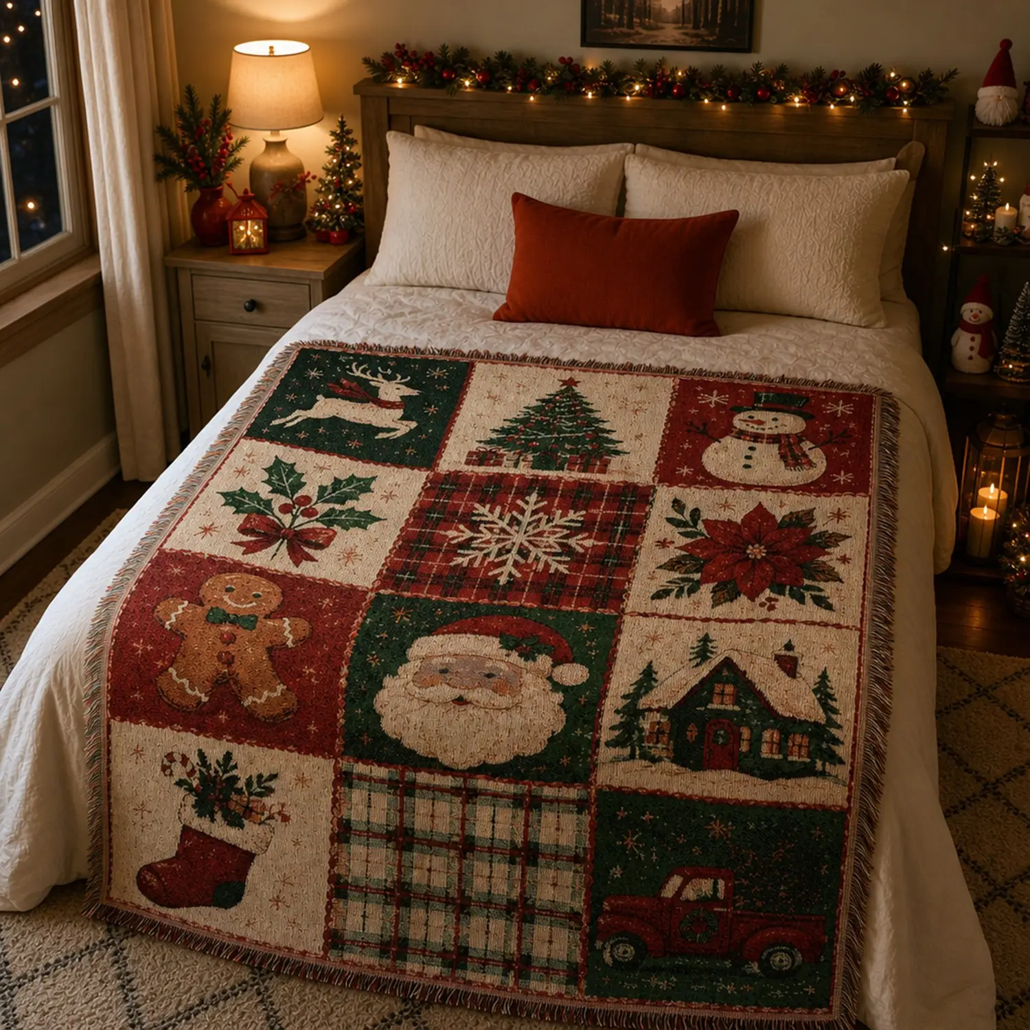 Multi-Function Tassel Woven Blanket Vintage Christmas Patchwork Bed Blanket, Also for Sofa Cover Couch Throw Blanket Armchair Home Decor Room Wall Art Tapestry Furniture Slipcover Tablecloth Shawl Outdoor Picnic Camping Beach Towel Office Nap Hippie