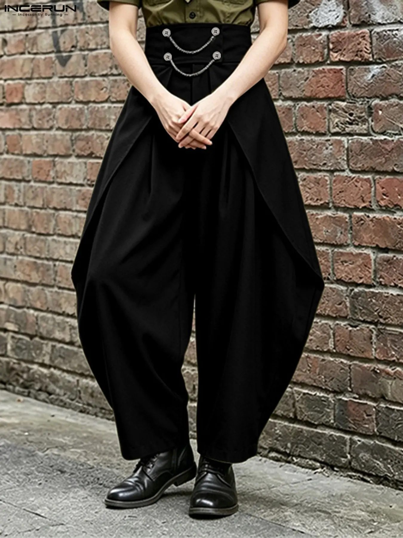 INCERUN Men's Streetwear High-Waisted Chain Layered Design Pants, Trendy Long Trousers for Casual, Fashionable Men's Clothing