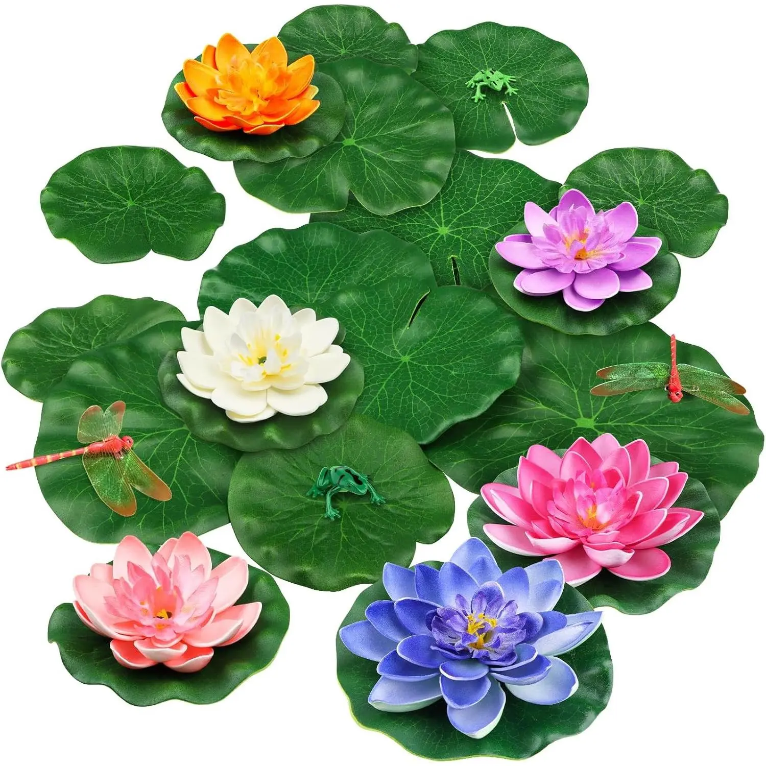 22-Pack Decorative Reusable Lightweight Styrofoam Artificial Floating Lotus Flowers with Frog & Lotus Leaves, Lily Pads for Pool Decor, Lake & Pond Water Ornaments