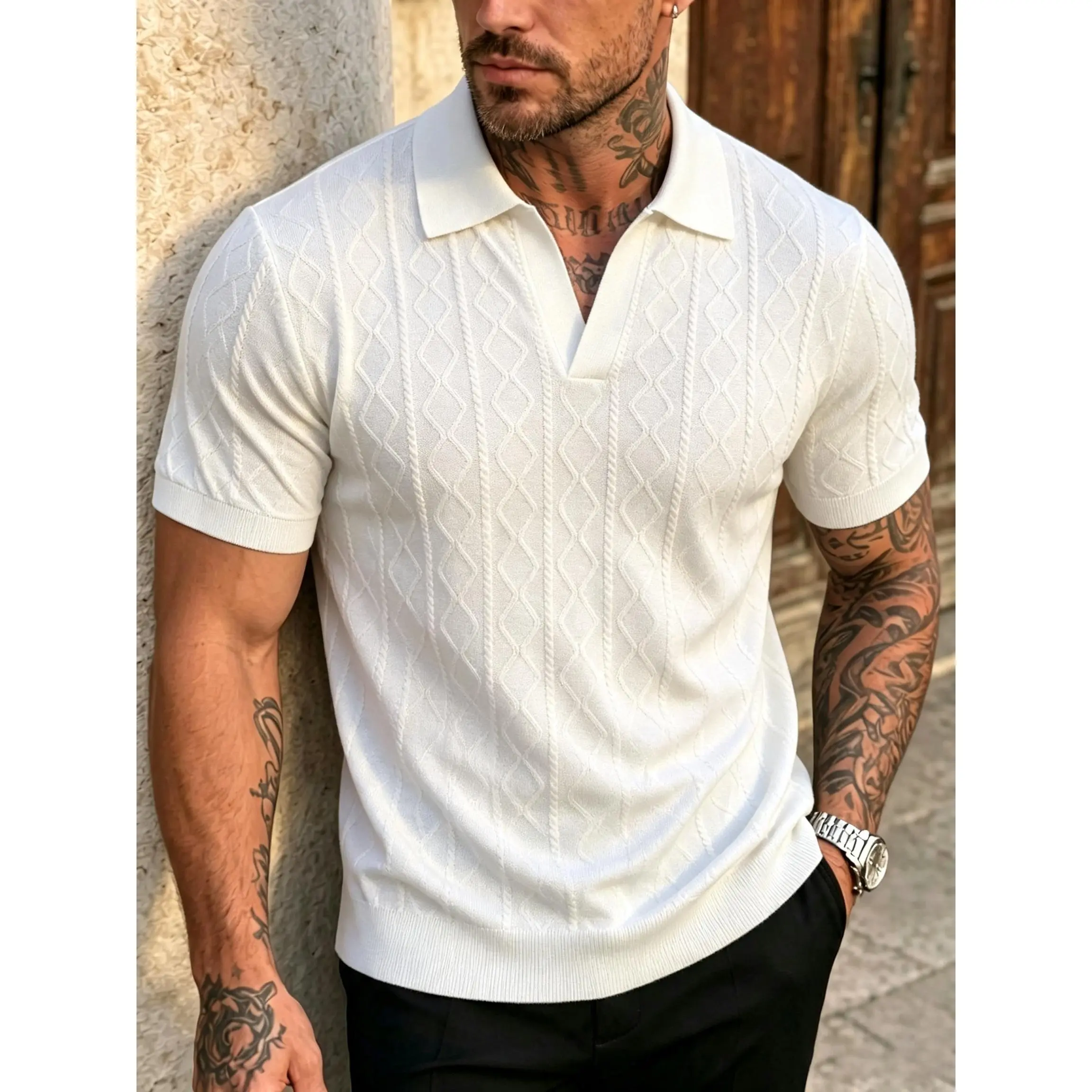 Textured cable knit short sleeve polo shirt elevates sophisticated mensfashion, open lapel neckline and fitted knit fabric craft sleek smart casual outfits for city leisure and semi-formal occasions.