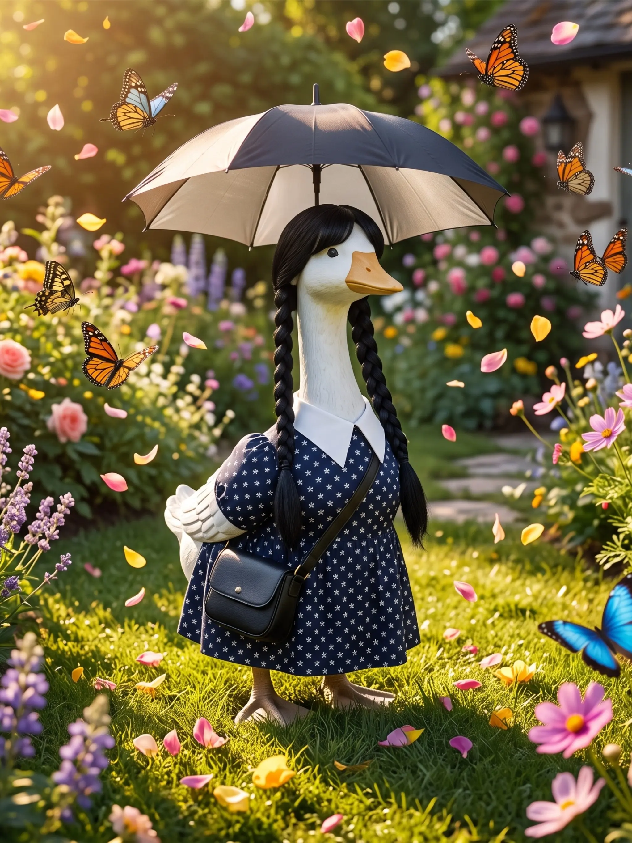Porch Goose Set, Gothic Farmhouse Goose Costume with Black Dress, Knitted Wig, Mini Umbrella, Shoulder Bag, Halloween and Daily Suitable for 23 inch Cement Plastic Statue, Outdoor Courtyard Lawn Art Decoration