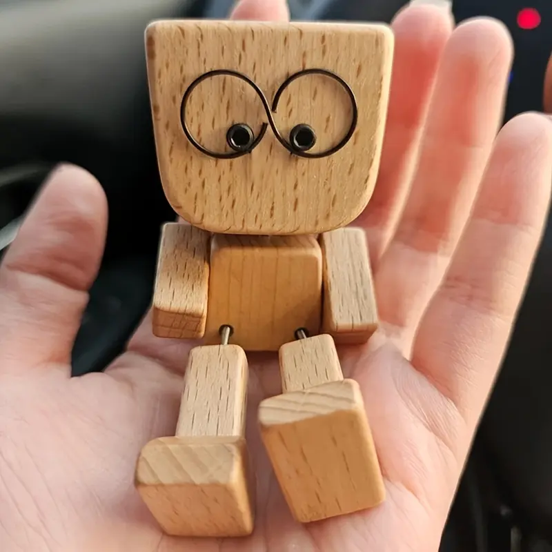 12 Magnetic Emoji Wooden Dolls Car Interior Ornaments, Fun Waving Leg Robot Toy, Christmas Desktop Bookshelf Ornament Gift, Car Interior Decoration