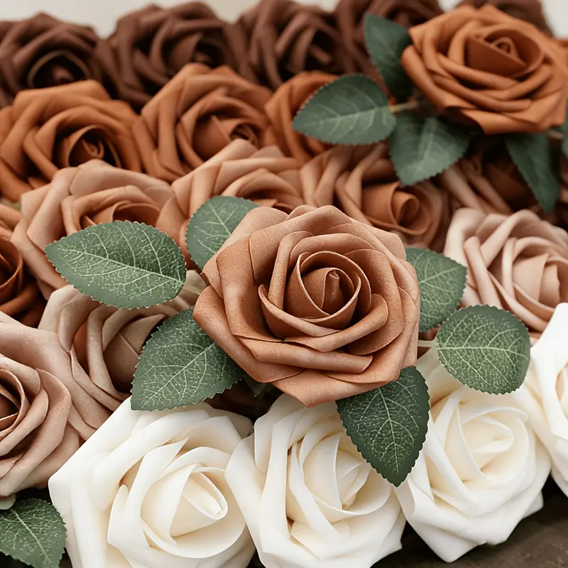 50pcs Rose Head Artificial Flowers - Fake Roses with Flexible Stems, Green Leaves, Realistic Look & Touch Foam Material, Approx. 3" for Wedding Bouquets, DIY Projects