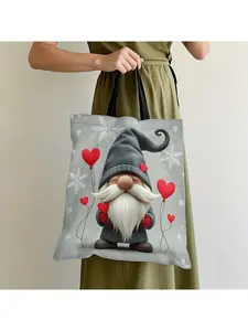 1pc Christmas Gnome Love Print Reusable Grocery Bag | Portable, Lightweight, Soft Polyester Tote, Foldable, Ideal for Shopping, Travel, Everyday Use, Perfect Gift for Fashionistas