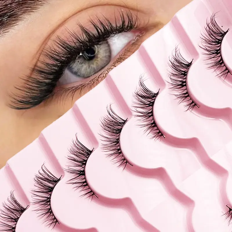 Natural 7 Pairs Half Eye Lash Mermaid Tail Cat-Eye Faux-Mink Lashes, Black-Band 3D Wispy Shorties, Soft Natural Volume For Desk-To-Date, Brunch, Zoom Calls, Passport-Photo Ready, Wedding Guests, Travel & Festival Looks