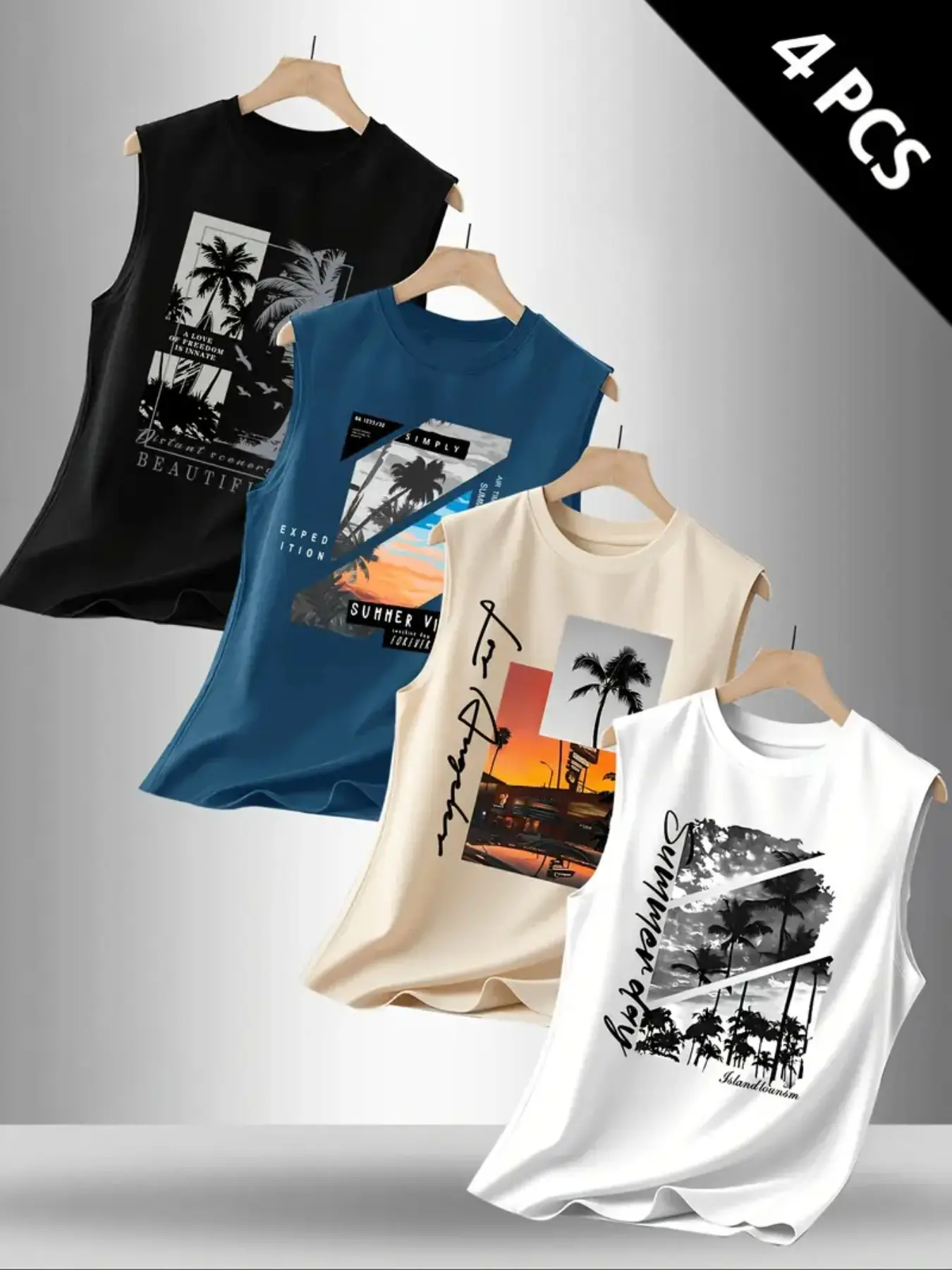 Men's Printed Casual Sleeveless Sports Vest 4-Piece Set, All-Over Print, Fitted, Unlined, Suitable for All Seasons, Comfortable and Stylish