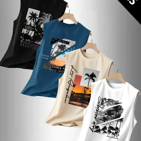 Men's Printed Casual Sleeveless Graphic Sports Vest 4-Piece Set, All-Over Print, Unlined, Fitted, Comfortable and Stylish for All Seasons