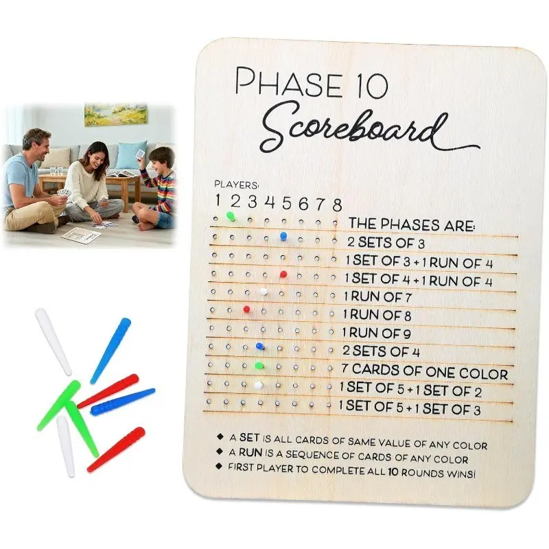 Wooden Card Game Scoreboard, 10-Section Scoring Board Set with 8 Colorful Pins, Fun Tabletop Game Accessory, Phase 10 Score Tracker