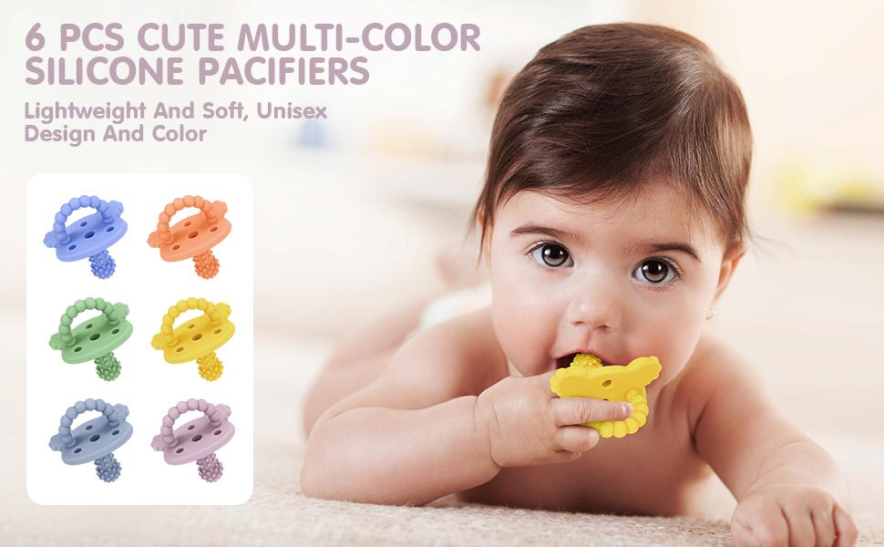 Silicone Teether Pacifier, Teething Toys for Teething Relief & Sensory Exploration, 6 Pack Grainy Textured Baby Pacifier – Food-Grade, BPA-Free, Easy to Hold, Dishwasher Safe, 3+ Months