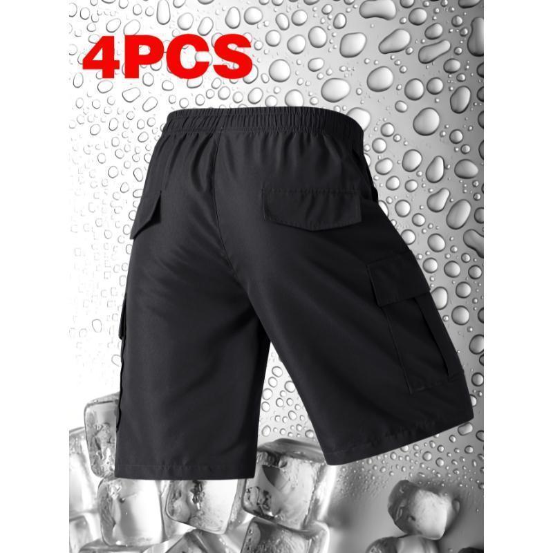 4pcs Men's Casual Cargo Shorts-Loose Fit, Drawstring Waist, Multi-Pocket Design, Polyester Fabric, Solid Colors Black, Beige, Light Blue, Dark Gray for Spring & Summer Breathable Athletic Jockstrap Pack Plus Size Sports Gym Wear Gray Joggers Gift (Sheets)