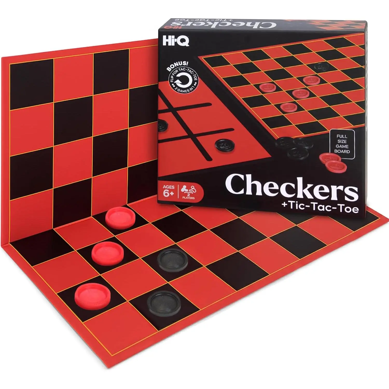 HI-Q Checkers & Tic-Tac-Toe Board Set – Classic Strategy for Kids & Family – Features Interlocking Stacking Pieces & Folding Board – Ages 6+ (3, Checkers +Tic, TOC, Toe)