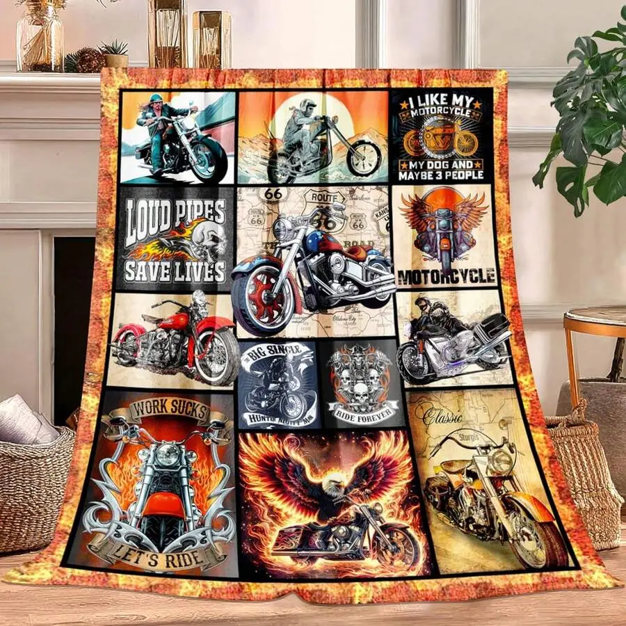 Motorcycle Biker Collage Route 66 Eagle Flame Graphic Flannel Blanket, Multi Panel Motorbike Skull Rider Throw Blanket, Soft Plush Warm Blanket for Couch Bedroom, Cozy Comfy Nap Blanket, Perfect Giftable Decorative Blanket for Biker Motorcycle Rider Fans