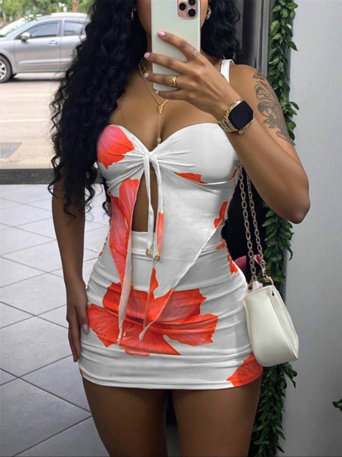 Women's Floral Print Tube Top & Bodycon Skirt Two-piece Set, Fashion Casual Strapless Crop Top & Skirt for Daily Outdoor Wear, Ladies Clothes for All Seasons