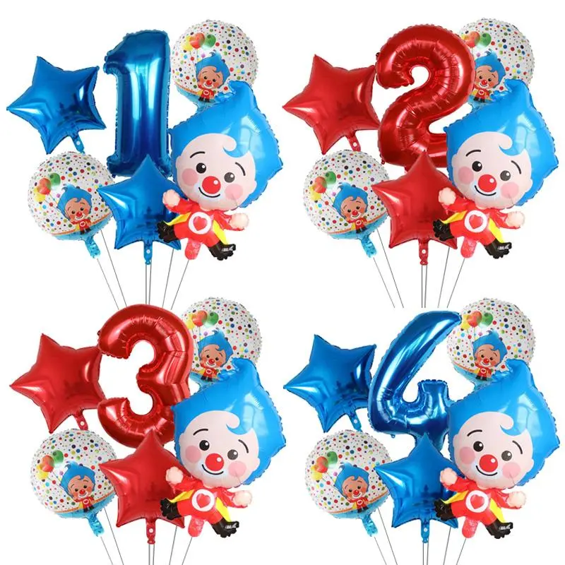 6pcs/Set Plim Clown Foil Helium Balloons with Red Number Balls, Air Globos for Children's Birthday Party Decorations, Kids Toys Gifts (9-1), 6Pcs Set 9-1