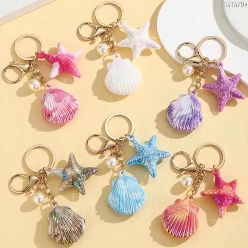 Ocean Starfish Shell Shape Keychain with Pearl Accent, Charm Pendant, Fashion Key Holder, Ideal Holiday Gift for Sports & Outdoor Enthusiasts
