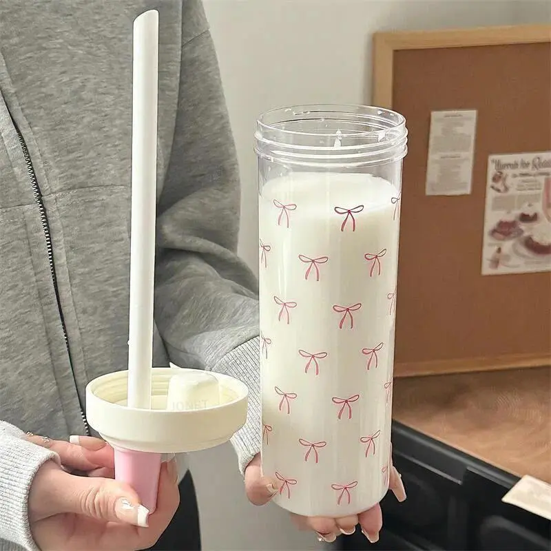 500/850ML Pink Bow Straw Water Bottle With Lid Cute Coffee Bubble Milk Tea Plastic Cup For Outdoor School Drinking Water Bottles