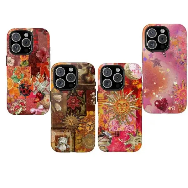 Vintage Collage Sun, Flowers & Star Smartphone Cover - Retro Boho Art Protective Case, Dreamy Warm Tones Protector for iPhone XS-17 Series Mobile Phone Accessory