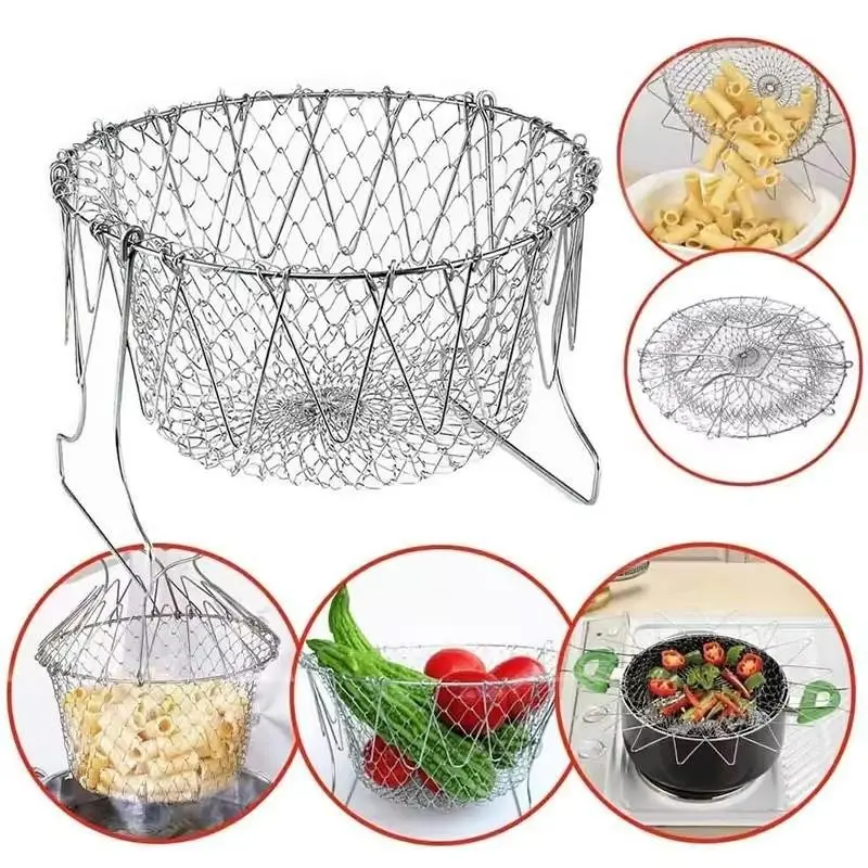 100% Food Grade 304 Stainless Steel Foldable Fry Basket, Telescopic Mesh Frying Strainer With Anti-Slip Heat Resistant Handle, Detachable Easy Clean Basket For Chips Frying Draining Blanching Home Restaurant Use
