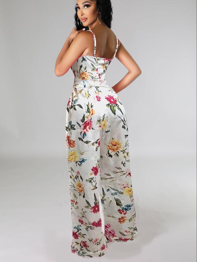Women's Floral Print Cami Jumpsuit, Casual Fashion Wide Leg Jumpsuit for Daily Holiday Vacation Wear, Women Jumpsuits for Summer, Beach Jumpsuit