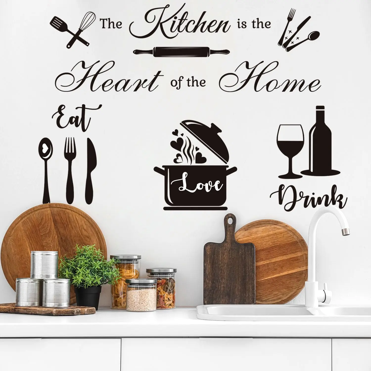 Inspirational Peel and Stick Kitchen Wall Stickers, The Kitchen is The Heart of The  Quote  with Utensil Patterns, Removable DIY Kitchen Decor for Kitchen & Dining Room Decor(Black)