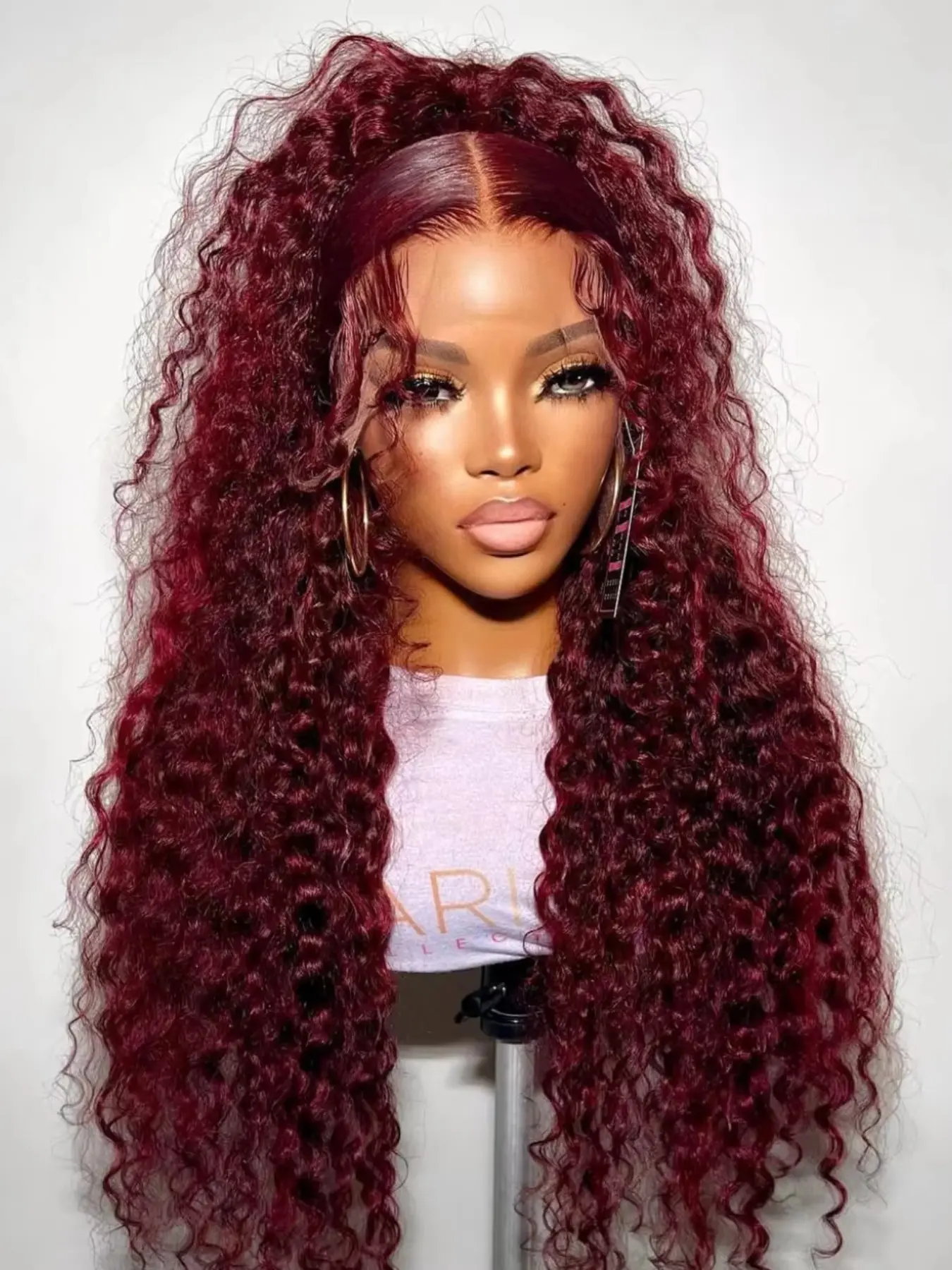 Burgundy Soft Long 26 Inch 180 Density Kinky Curly 99j Wine Red Front Lace Wig, Glueless Heat Resistant Synthetic Hair, Daily Wear Pre-plucked, Lace Frontal Wigs