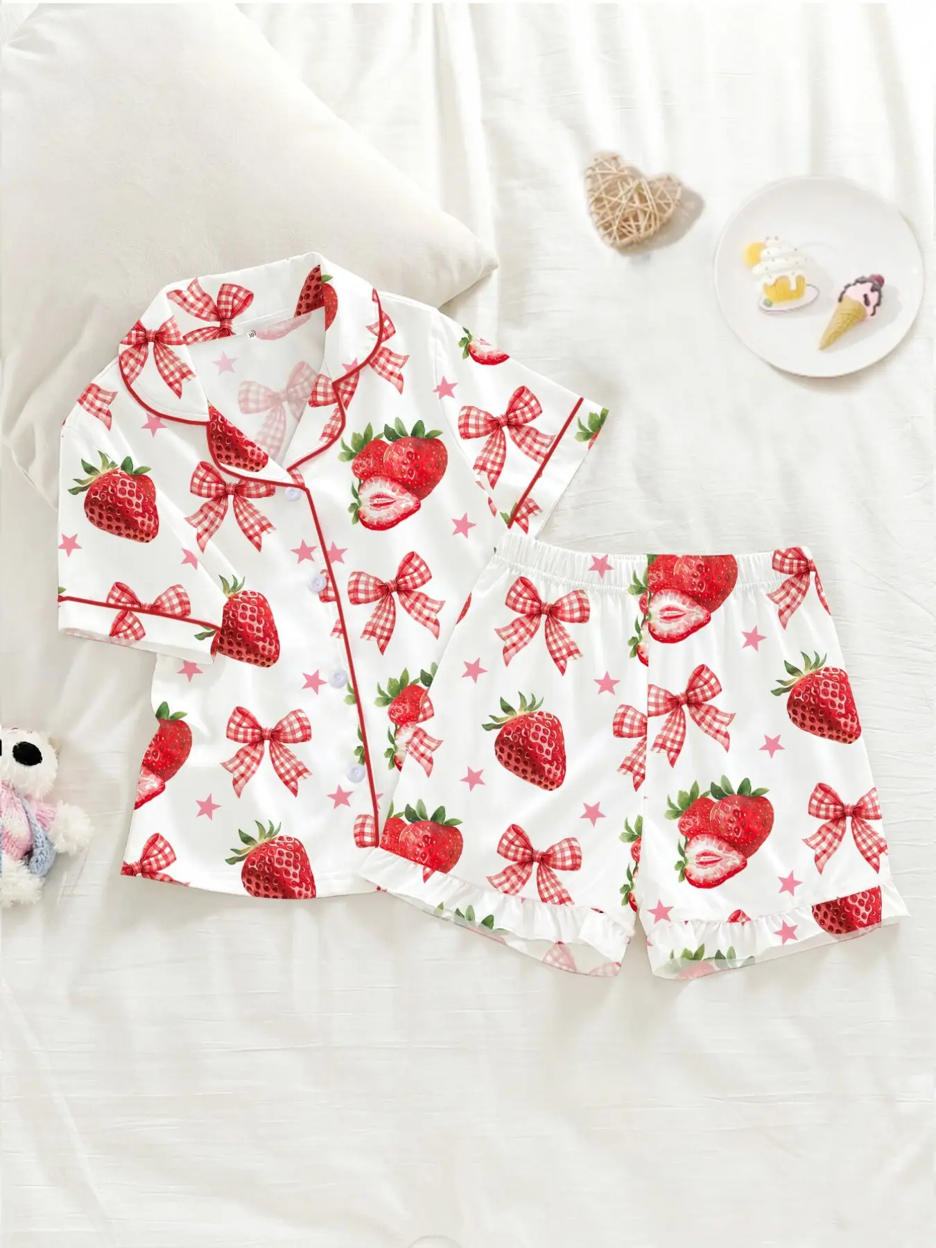Girls' Summer Collared Pajama Set, Cute Strawberry Print, Cartoon Print Sleepwear, Short Sleeve Button Front, Bow Design, Casual Sleepwear for Kids, Party