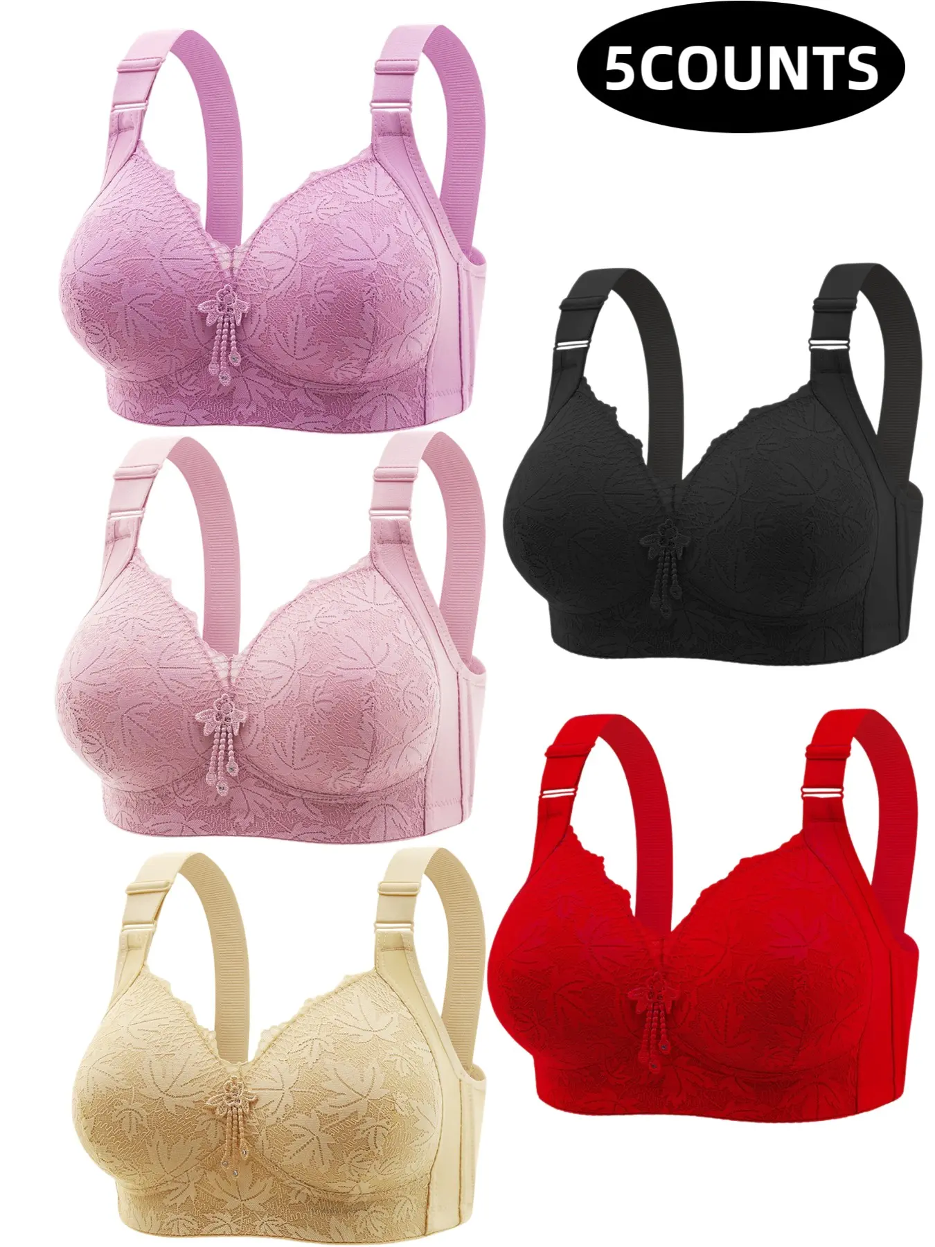 5-Piece Thin Women's Bra Set, Adjustable Straps, Lace Trim, Contrast Lace Bra, Comfortable Breathable Wire-Free Bras, Full Coverage, All Seasons