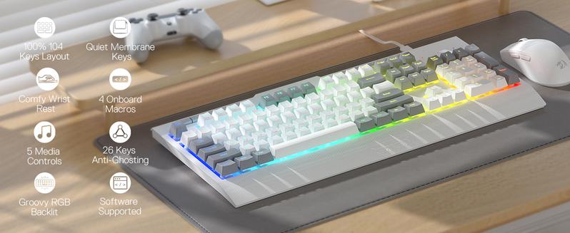 Redragon K525 RGB Backlit 104 Keys Wired Membrane Gaming Keyboard w/ 5 Multimedia Keys & 4 Extra On-Board Macro Keys, Dedicated Media Control, Ergonomic Wrist Rest, Linear Mechanical-Feel Switch