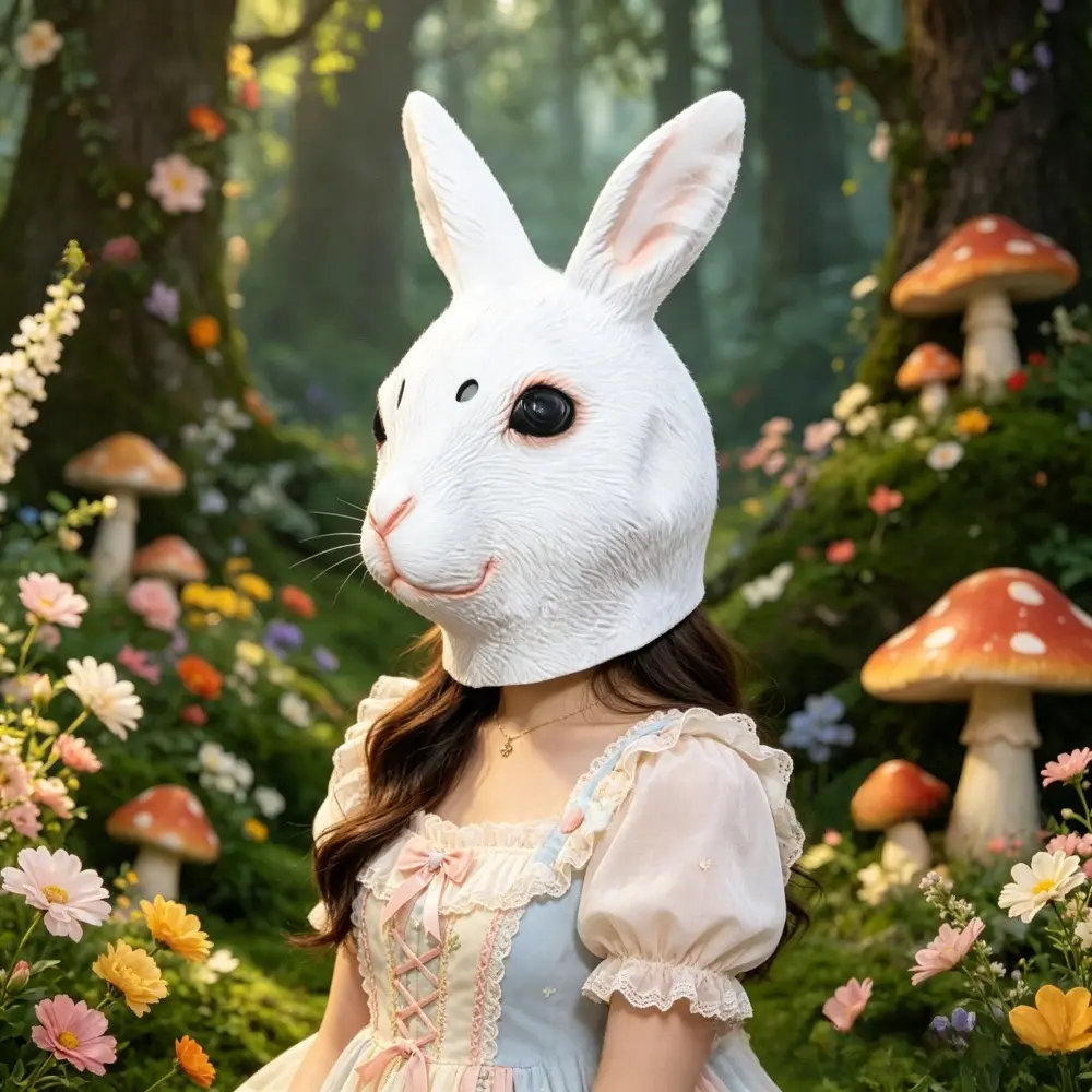 Cute White Rabbit Latex Full Face Mask Animal Head Cover Halloween Cosplay Prop