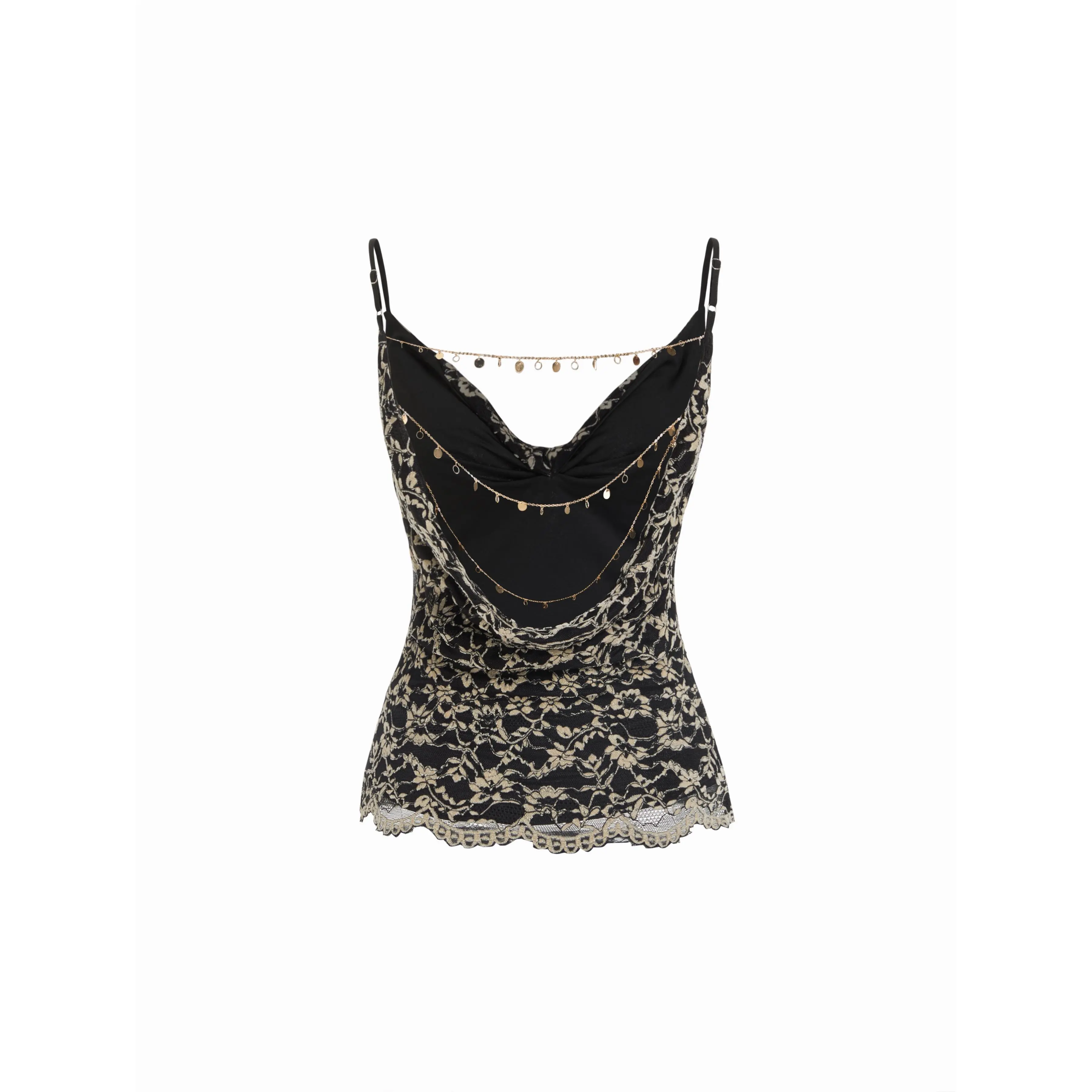 Cider Lace Cowl Neck Ruffled Backless Cami Top With Chain