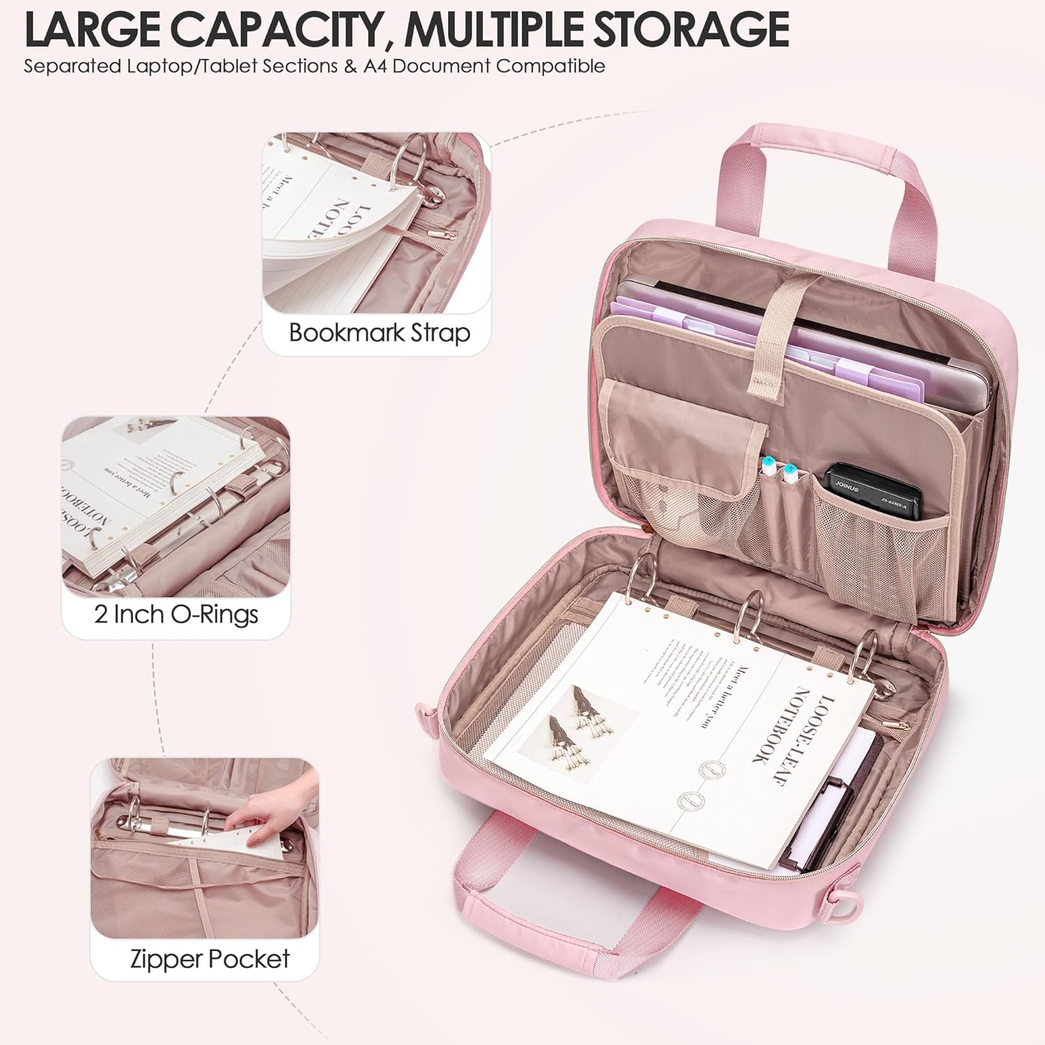 3 Ring Zipper Binder, 2 Inch Ring Binder Organizer Bag with  Strap Fits 13 Inch Laptop and 500 Sheets, Pink (Empty Bag Only)