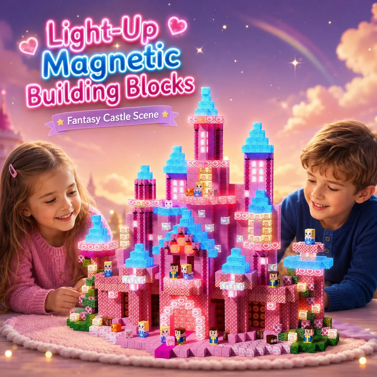 200pcs Glow Magnetic Blocks Toy Set, Princess Castle Scene, DIY Stem Puzzle Kit, Creative Building Toys for Kids Aged 3+, Birthday Gift