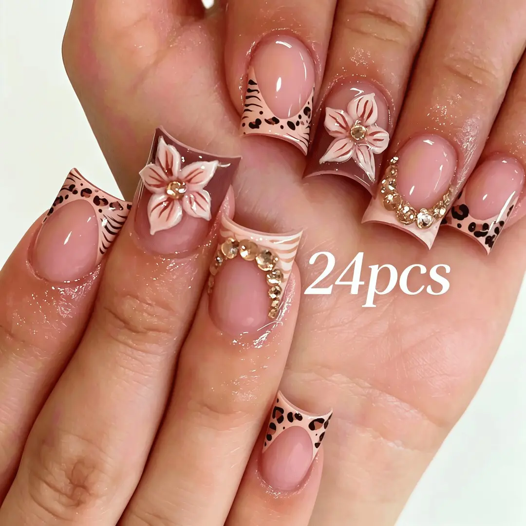 24pcs Leopard French Press on Nails, False Nail Set, 3D Embossed Flower & Rhinestone Design, Reusable & Easy Apply, Perfect for Parties & Club Nights