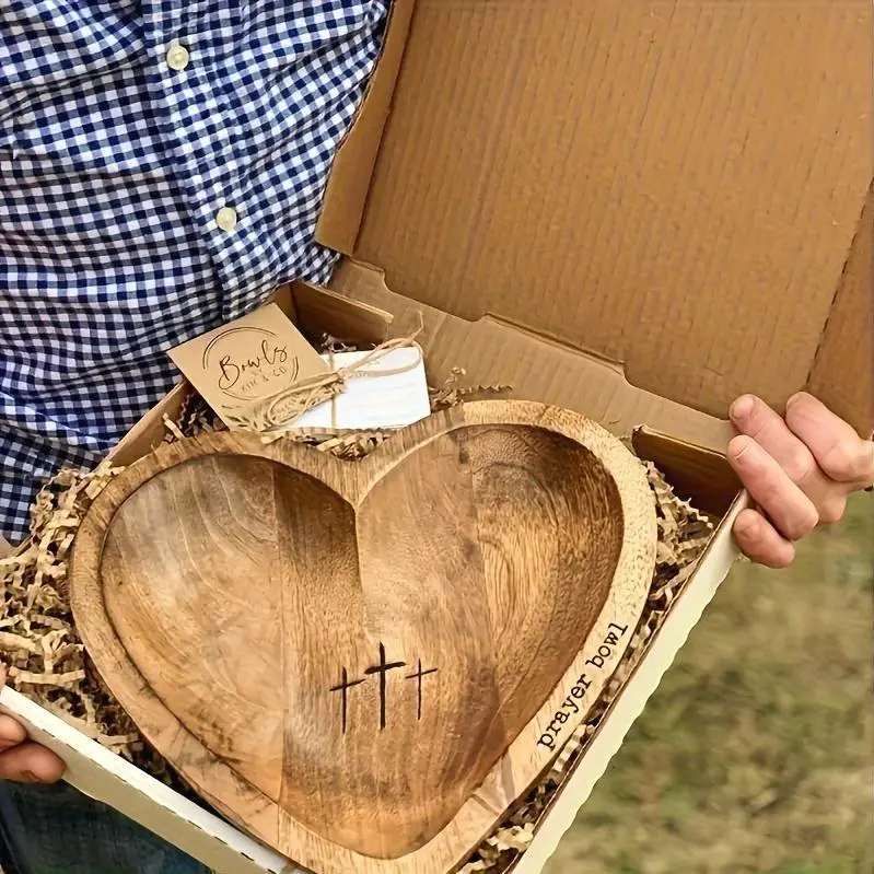 1 Piece Of Vintage Wooden Heart-shaped Prayer Bowl, Engraved With A Cross And "prayer" Text - Perfect For Home Decoration, Living Room Or Prayer Room