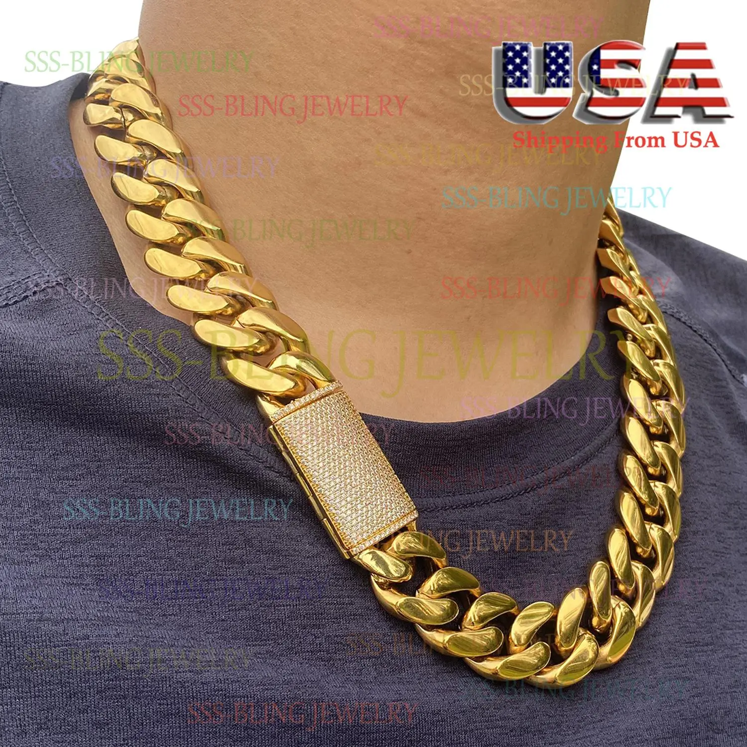 18mm x 20-30" Solid Stainless Steel Cuban Necklace – 14K Gold Plated, 3A Diamonds, Brass Clasp