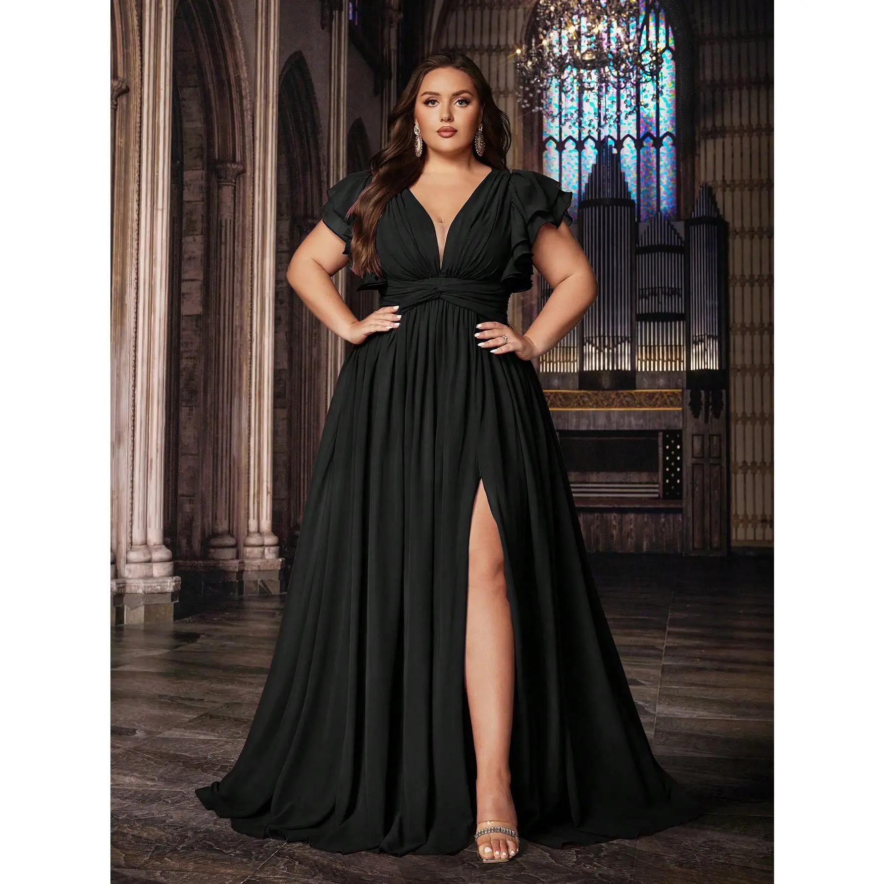 Plus-Size Women's V-Neck Ruffle Sleeve Twist Waist Chiffon Maxi Gown, High Slit A-Line Formal Dress For Bridal & Birthday Events