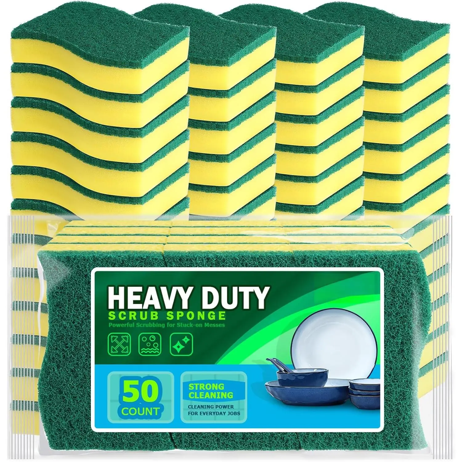 Sponges Kitchen, 50-PK Heavy Duty Dish Sponge Kitchen, Scrub Sponges |   Sponges for Dishes Stink-Free Cleaning, Reusable Cleaning Dish Scrubber Sponges for Home & Restaurant, Bathroom, Sponges Bulk