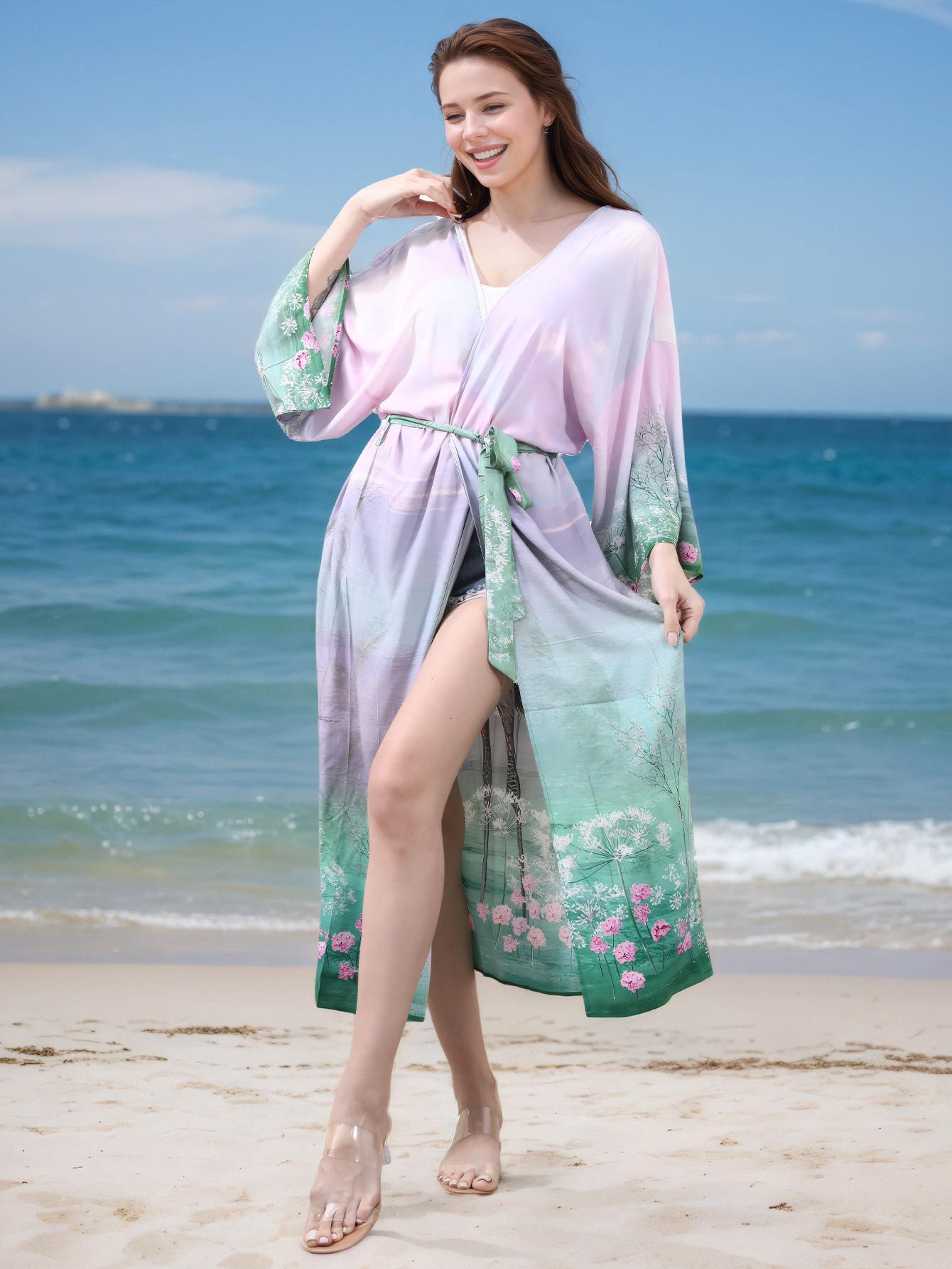 Women's Sheer Belted Kimono Beach Cover Up - Long Sleeve Floral Ombre Kaftan for Summer Vacation,#ResortWear, Poolside Outfits & Beachwear,Shirt-style beach cover-up, vacation bikini sunscreen shirt