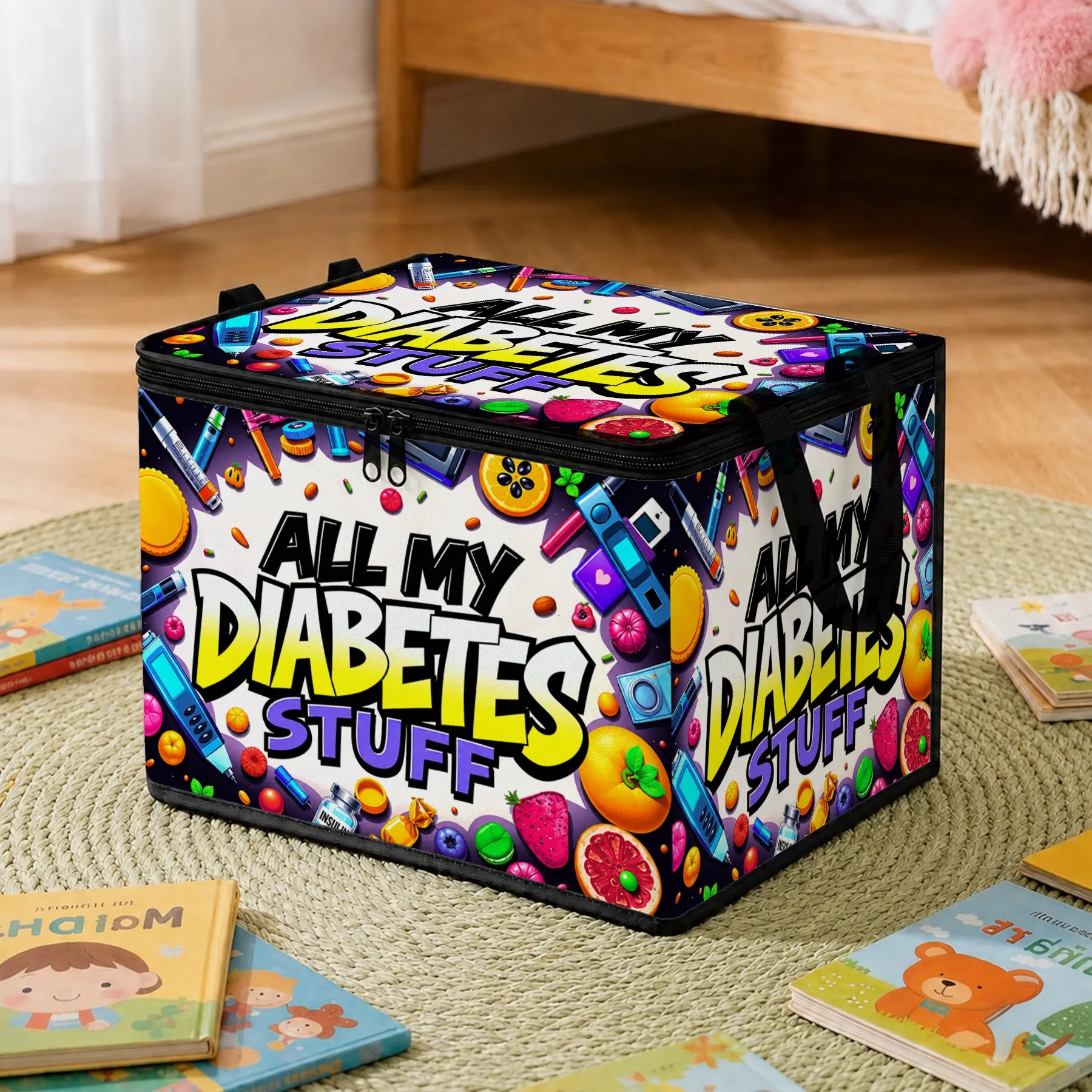 Diabetes Supplies Storage Box, Soft Fabric Foldable Organizer, Large Capacity Portable Bin, Ideal for Meds, Snacks, Gifts