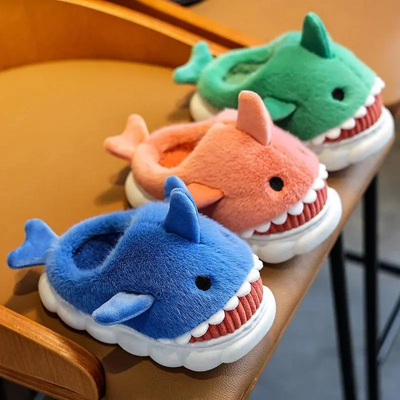 Children Cotton Slippers Baby Boy Shoes Autumn Winter Cute Cartoon Small Shark Child Slipper Home Indoor Anti-slip Platform Shoe