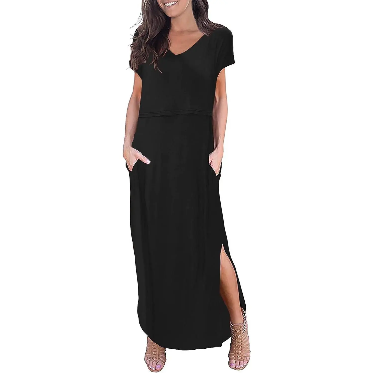 Women's Maternity Nursing Dresses Split Long Dress for Breastfeeding
