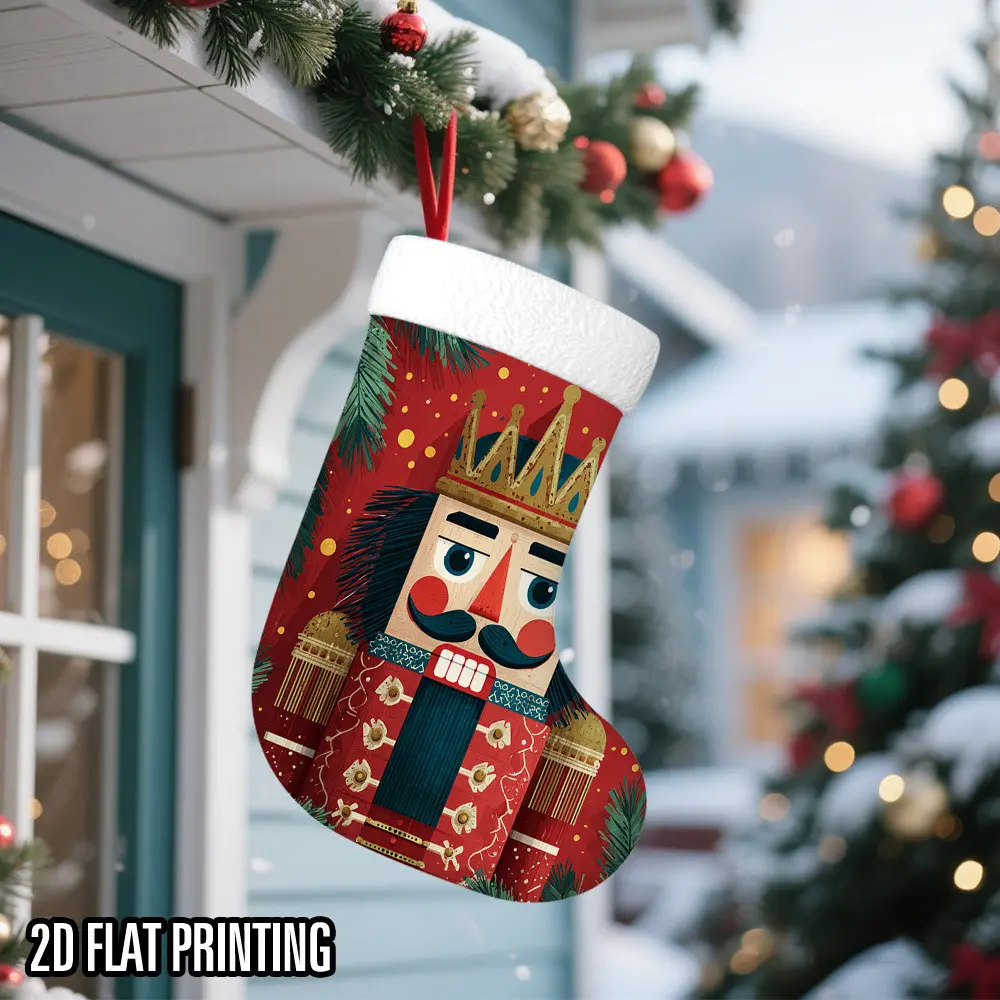 Classic Nutcracker Theme Christmas Stockings,1Pcs Polyester Xmas Stockings 2D Printing Red Sock With Plush Cuff for Christmas Party Fireplace Hanging Decorations