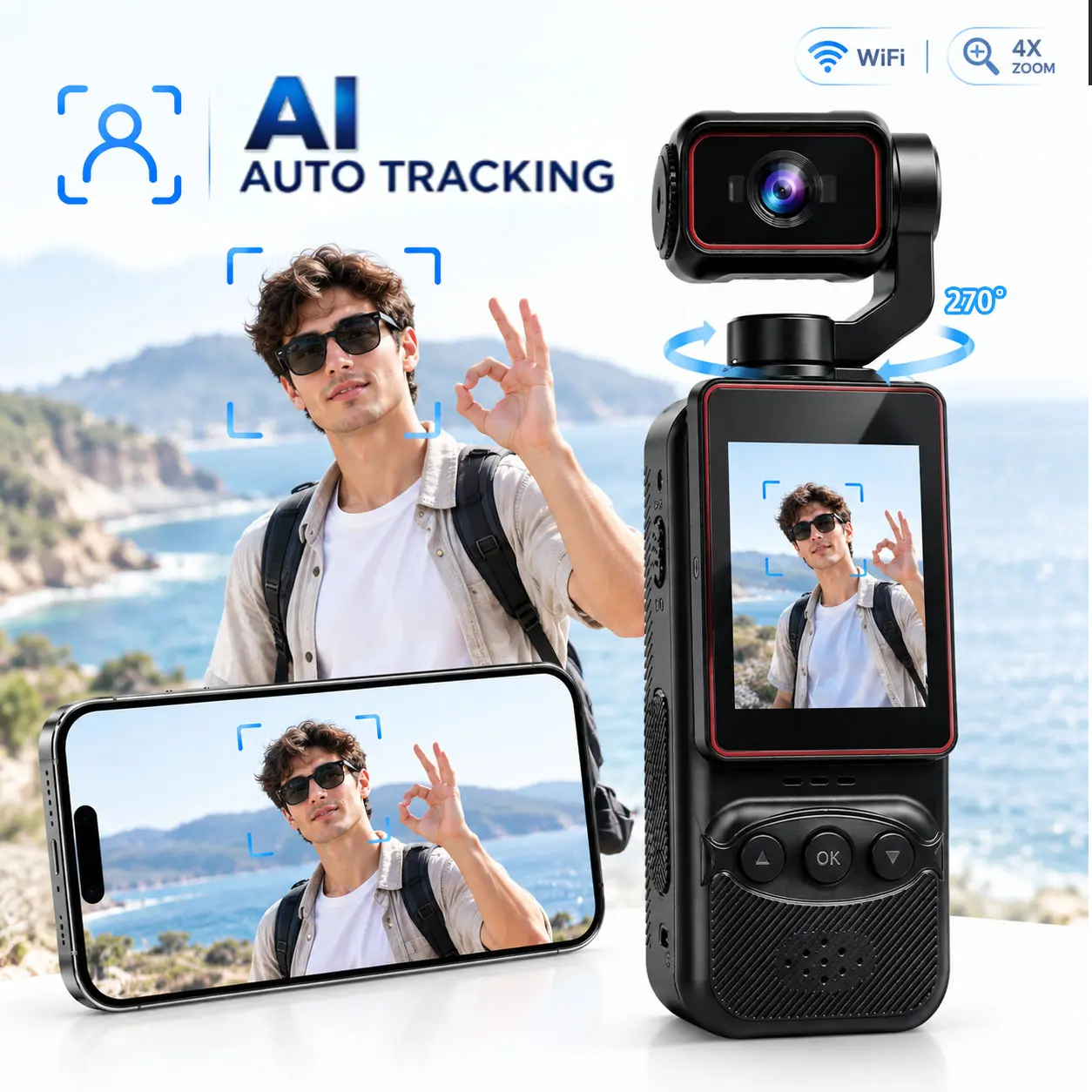 Smart 2K Gimbal Vlogging Camera with AI Face Tracking, 4X Zoom, 270° Auto Rotation, IR Night Vision, 1800mAh Long Battery Life for Content Creation, Travel and Vlog, Portable Vlogging Camera