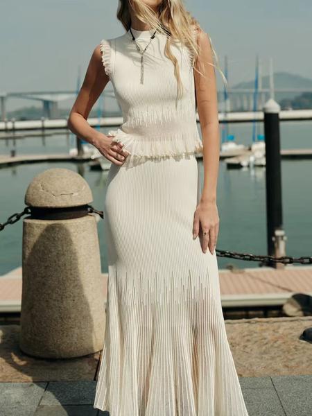 Elegant Two-Piece Set, Sleeveless Knitted Vest & Long Pleated Skirt, Fashionable Slim Fit Design, Perfect for Women