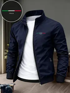 Men's City Theme Print Stand Collar Long Sleeve Jacket, Durable Casual Zipper Outerwear, Business Style Outdoor Sports Coat, Slim Fit, Perfect Gift